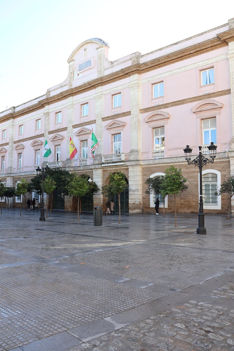 The elegant facade of the Diputación de Cádiz with flags displayed, showcasing historical architecture.